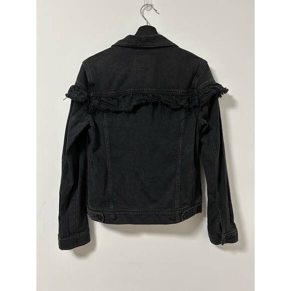 PAIGE RUFFLE HEIDI DENIM JACKET IN NIGHTINGALE BLACK Small Raw Edge Jean Womens - Picture 6 of 10